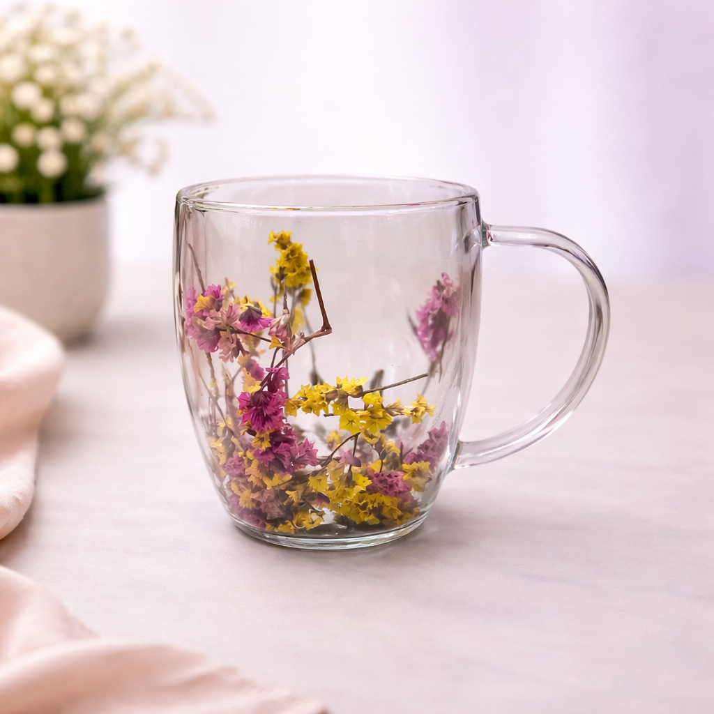 Double Wall Floral Mug – Transparent Tea & Coffee Cup with Dried Flowers