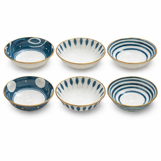 6PC Ceramic Bowl Set – Blue & White Pattern with Gold Rim | Elegant Dining Bowls