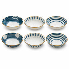 6PC Ceramic Bowl Set – Blue & White Pattern with Gold Rim | Elegant Dining Bowls