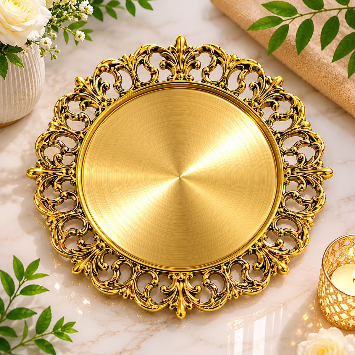 Deco-Platter Golden CNC Round Dish 13" – Luxury Decorative Serving Tray for Dining & Home Décor - Habitt