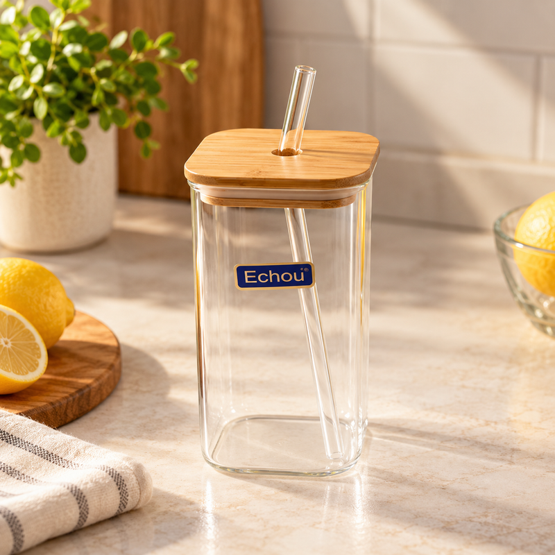 Square Glass Sipper with Wooden Lid & Straw