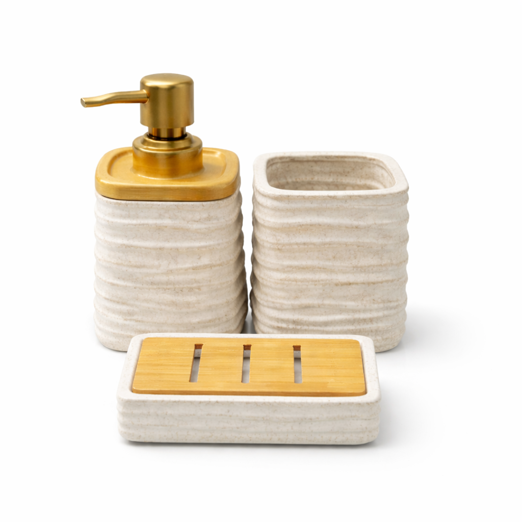 3-Piece Square Bathroom Accessories Set – Beige, Black & White Color Soap Dispenser, Toothbrush Holder & Soap Dish - Habitt
