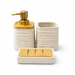 3-Piece Square Bathroom Accessories Set – Beige, Black & White Color Soap Dispenser, Toothbrush Holder & Soap Dish - Habitt
