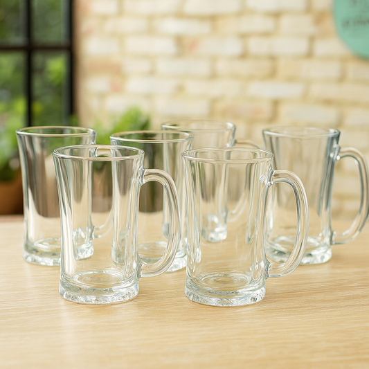 Wavy Textured Clear Glass Juice Mug 320 ml with Handle – Set of 6 | Stylish Drinkware for Home & Café