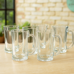 Wavy Textured Clear Glass Juice Mug 320 ml with Handle – Set of 6 | Stylish Drinkware for Home & Café