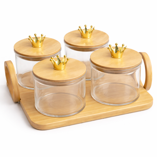 5Pcs Glass Storage Jar Set with Crown Knobs & Bamboo Tray