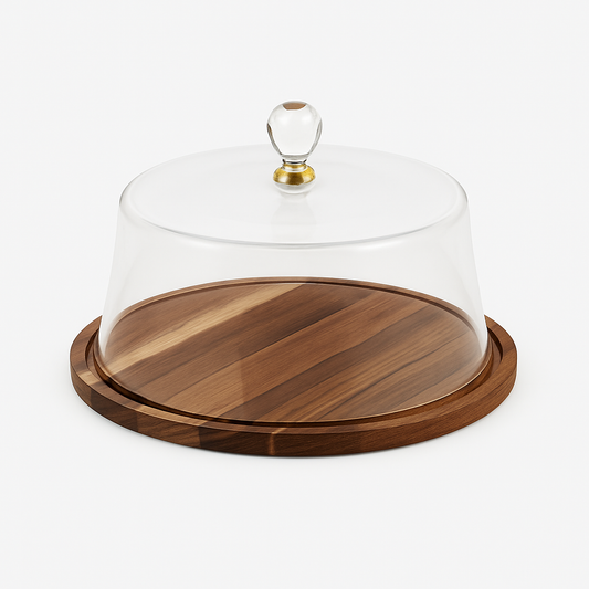 Large Wooden Cake Dish with Glass Dome | Elegant Round Cake Stand for Serving &amp; Display