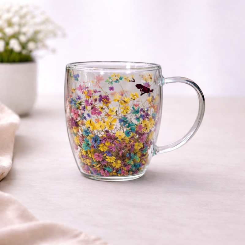 Double Wall Floral Mug – Transparent Tea & Coffee Cup with Dried Flowers - Habitt