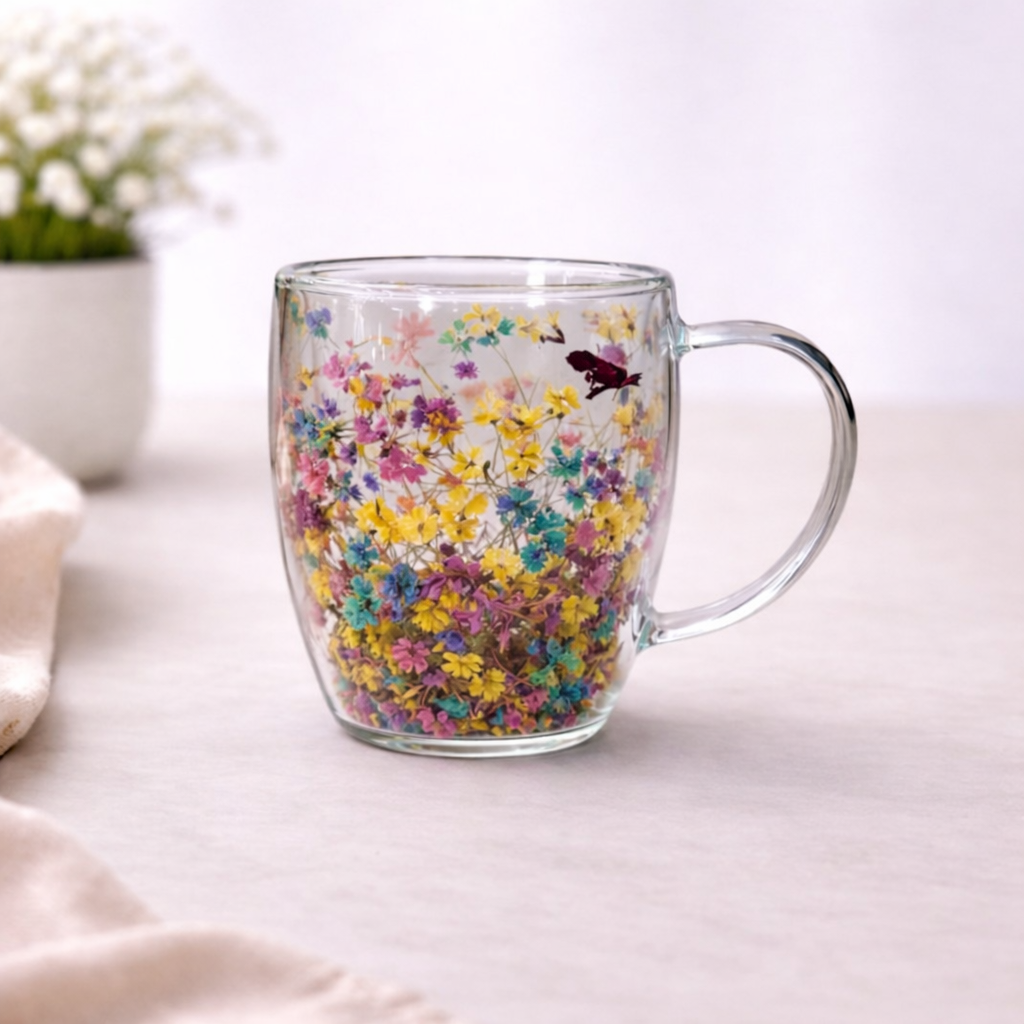 Double Wall Floral Mug – Transparent Tea & Coffee Cup with Dried Flowers