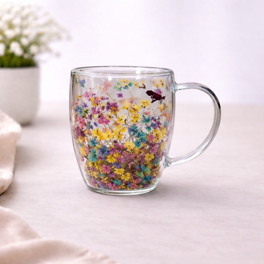 Double Wall Floral Mug – Transparent Tea & Coffee Cup with Dried Flowers