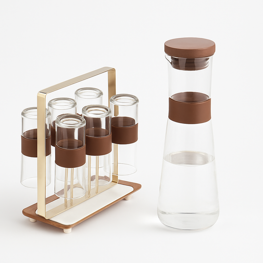 Luxury Glass Water Set 7-Piece – Brown &amp; Gold | Carafe with 6 Glasses and Metal Stand