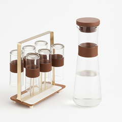Luxury Glass Water Set 7-Piece – Brown &amp; Gold | Carafe with 6 Glasses and Metal Stand