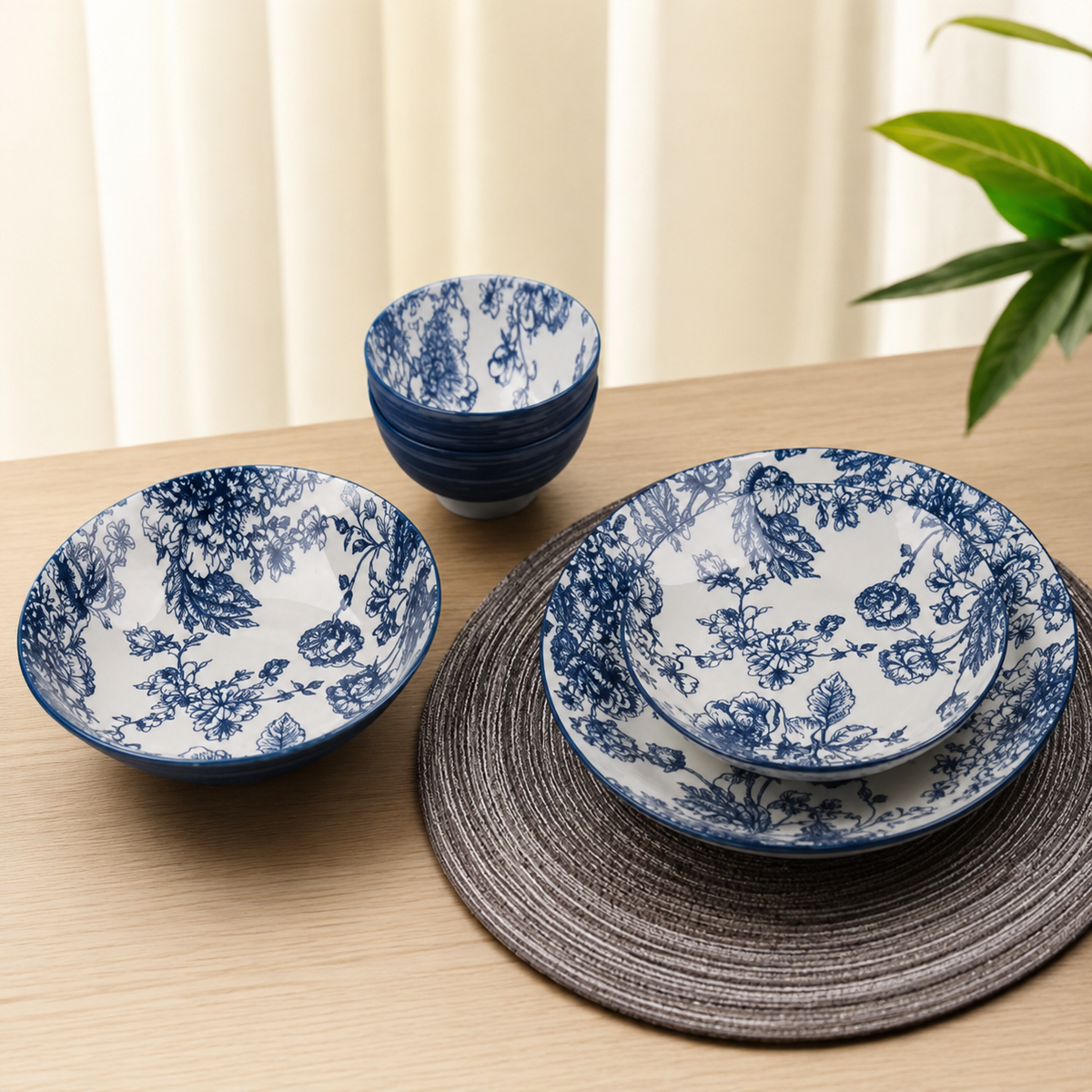 44-Piece Porcelain Set – 6 Person Serving | Blue Floral Collection