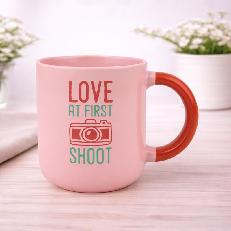 “Love at First Shoot” Ceramic Mug – Pink & Red