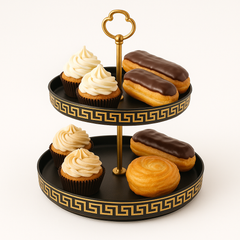 2-Tier Pastry Stand – Black & Gold Classic Design