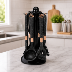 7 PCS Premium Black Speckled Silicone Kitchen Utensil Set with Rotating Stand | Heat-Resistant Non-Stick Cooking Spoon Set