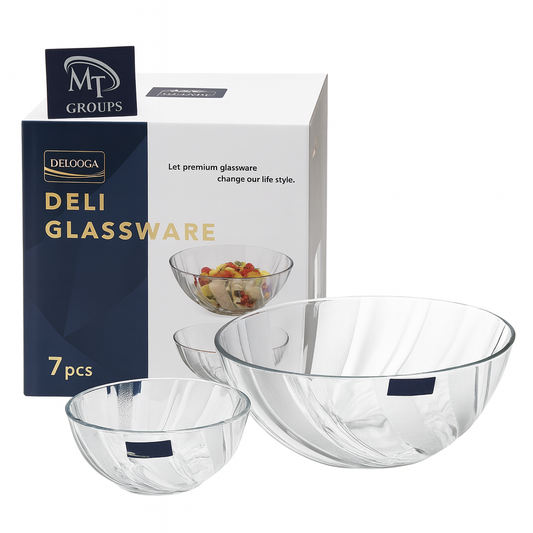 Clear Swirl-Pattern Pressed-Glass 7-Piece Fruit Bowl Set – Elegant Modern Serveware