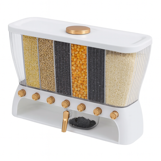 Square Rice & Grain Dispenser – 6-Section Dry Food Storage Container