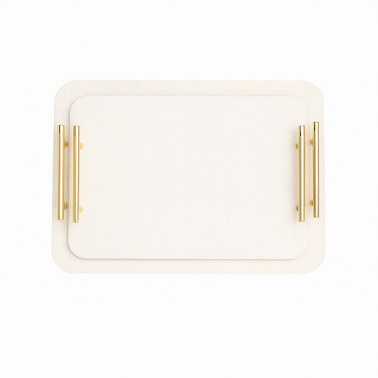 Leather Tray Set of 2 – White with Gold Handles | Elegant Decorative Serving Trays
