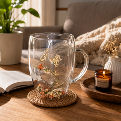 Rustic Floral Double Wall Glass Mug – Handmade Transparent Tea & Coffee Cup