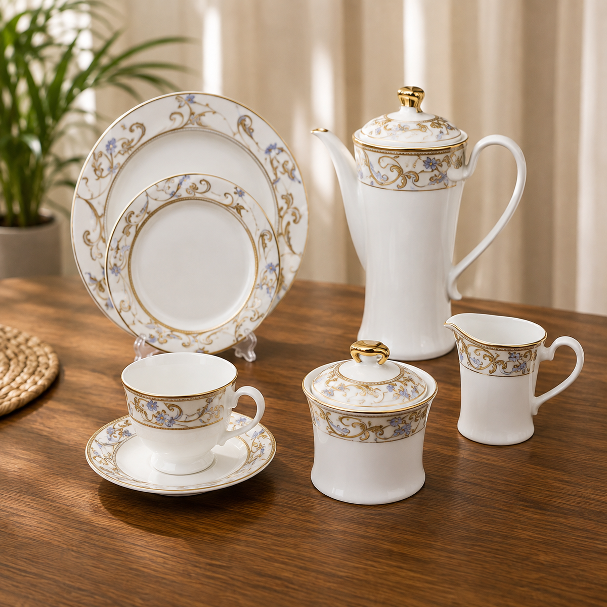Print Tea Kettle Set Beige Border 24 Pieces | Ceramic Tea Serving Set