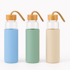 1Pc Glass Water Bottle with Silicone Sleeve – 500ml | Eco Reusable Bottle with Bamboo Lid &amp; Carry Strap