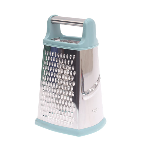 4-Sided Stainless Steel Grater with Aqua Soft-Grip Edges & Metal Handle