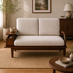 Aurra 2 Seater Sofa | Modern Wooden Loveseat with Side Storage Shelf - Habitt