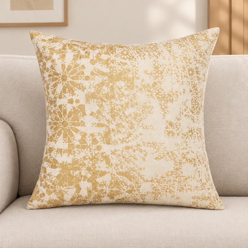 Ivory Cream Cushion Cover with Golden Geometric Screenprint 20x20 - AI lifestyle visualization