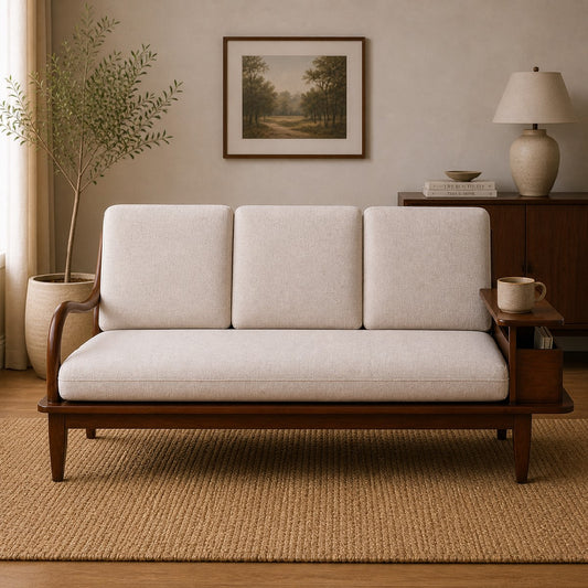 Aurra 2 Seater Sofa | Modern Wooden Loveseat with Side Storage Shelf - Habitt