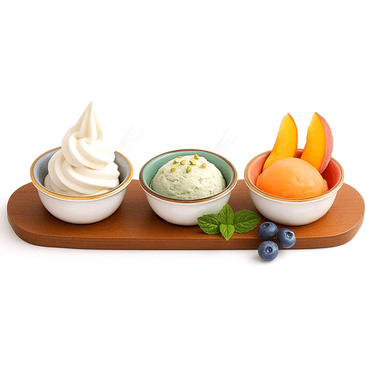 4.25" Ceramic Dessert Bowl Set – 3-Piece with Wooden Tray