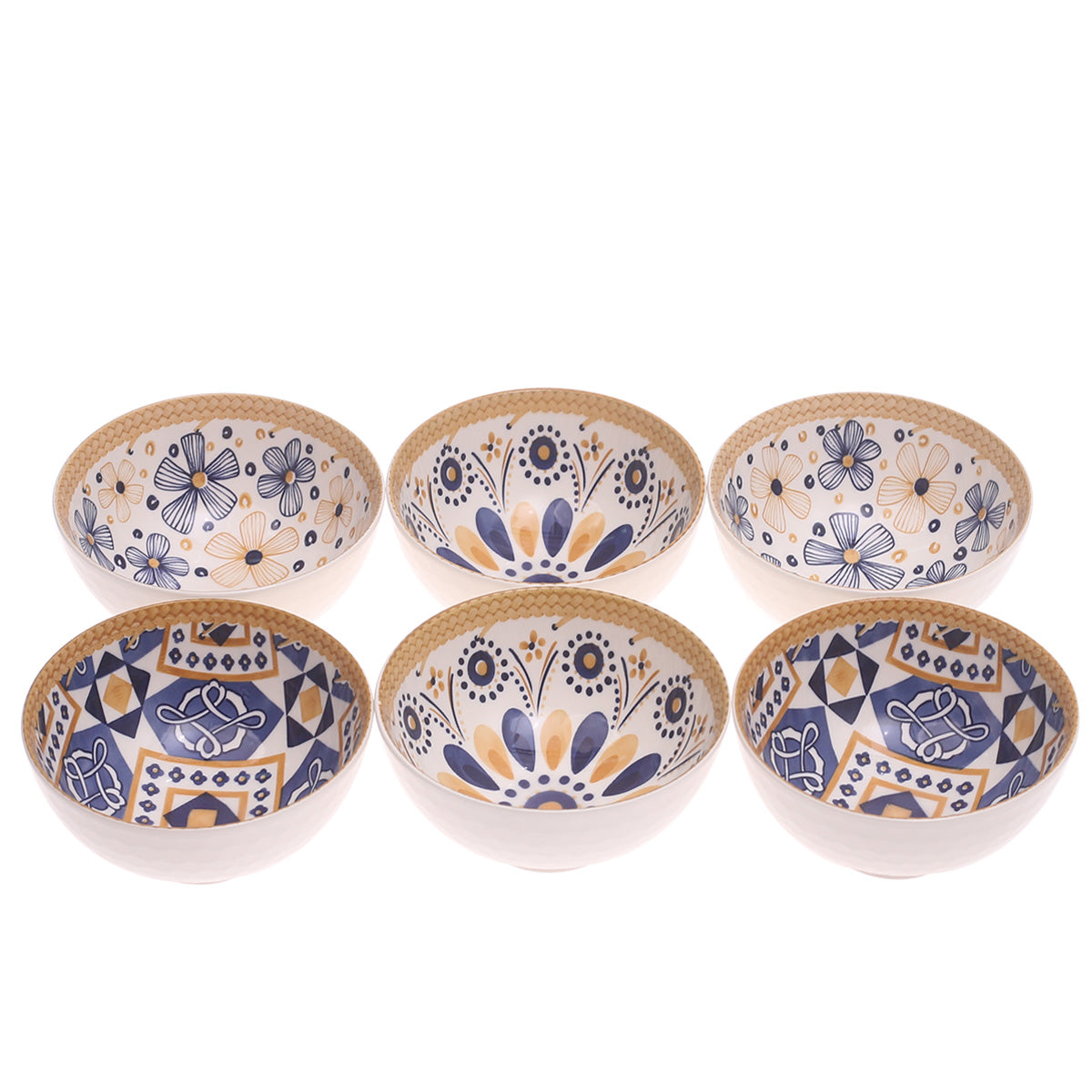 6PCS Blue & Mustard Patterned Ceramic Bowl Set
