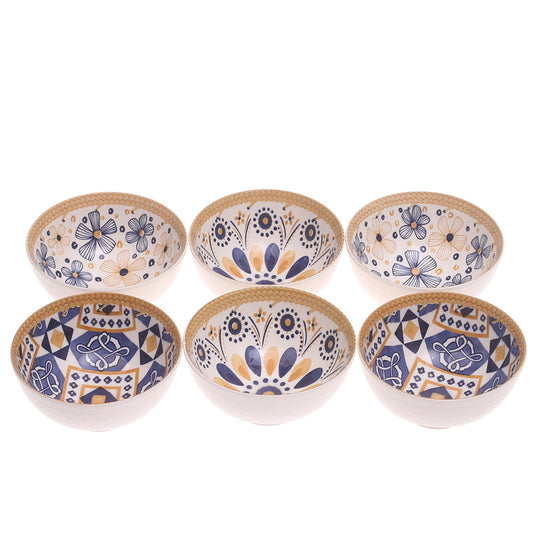 6PCS Blue & Mustard Patterned Ceramic Bowl Set