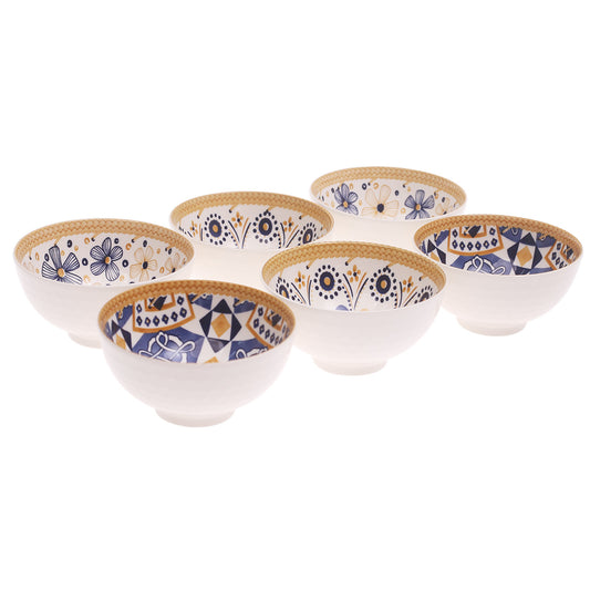 6PCS Blue & Mustard Patterned Ceramic Bowl Set