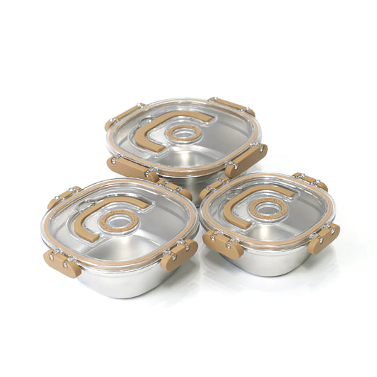 3PCS Steel Storage Box Set – Airtight with Transparent Lid (Tan Clips) – 700ml | 1000ml | 1400ml