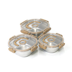 3PCS Steel Storage Box Set – Airtight with Transparent Lid (Tan Clips) – 700ml | 1000ml | 1400ml