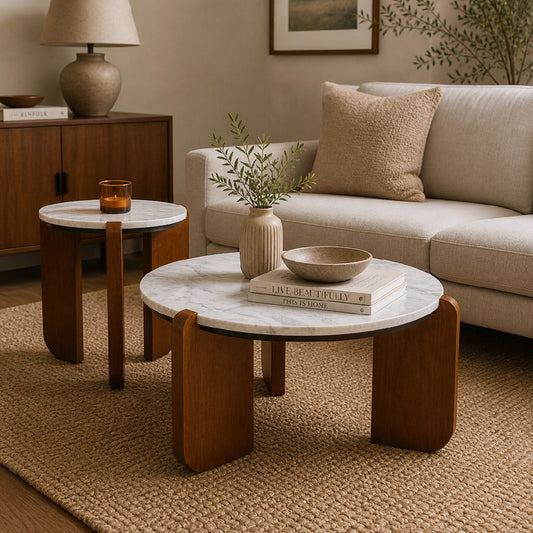 Clara Marble Top Coffee Table Set | Modern Nested Center Tables with Wooden Base - Habitt