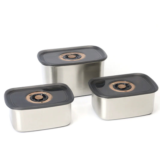 3PCS Steel Storage Box Set – Modern Matte Finish with Black Vacuum Lids – 750ml | 1000ml | 1250ml