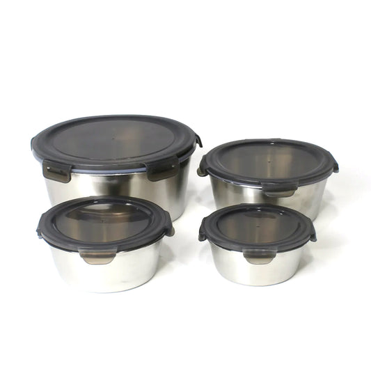 4PCS Steel Storage Box Set – Clip-Lock Airtight Round Containers – 400ml to 2200ml