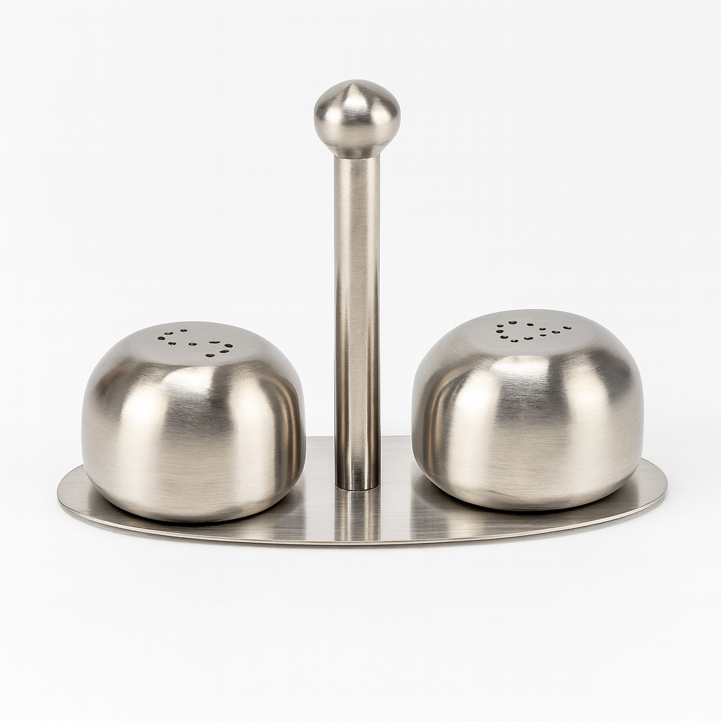 Oblique Stainless Steel Salt & Pepper Shaker Set – Dome Bead Base Condiment Bottles (Set of 2, 24.7) – Silver, Gold & Blue Variants