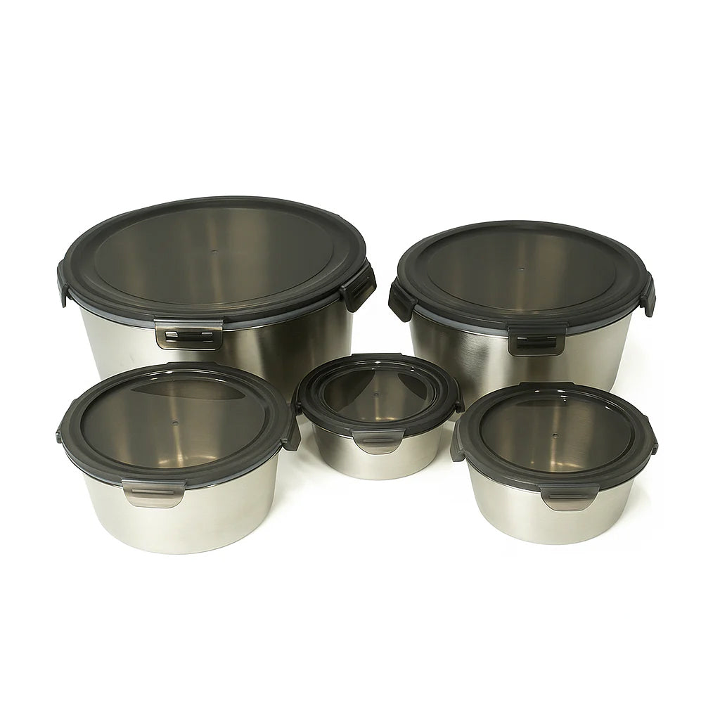 5PCS Steel Storage Box Set – Brushed Steel with Black Clip-Lock Lids – 400ml to 3500ml