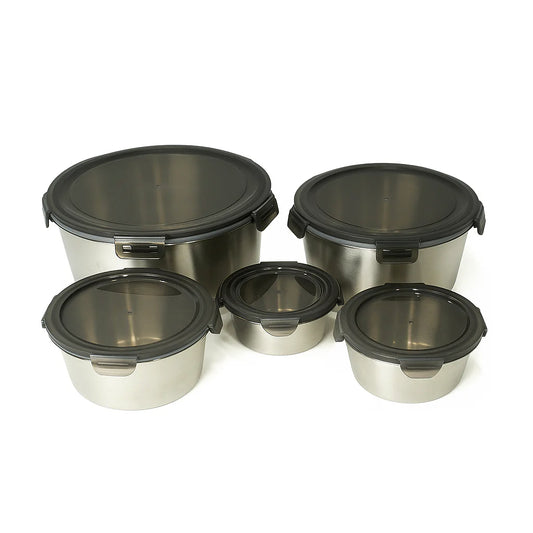 5PCS Steel Storage Box Set – Brushed Steel with Black Clip-Lock Lids – 400ml to 3500ml