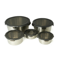 5PCS Steel Storage Box Set – Brushed Steel with Black Clip-Lock Lids – 400ml to 3500ml