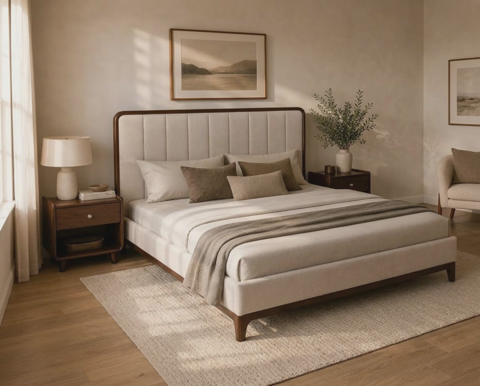 Aurra King Size Upholstered Bed | Modern Wooden King Bed with Padded Headboard