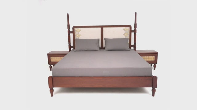 Gul Bahar Bed – Buy Solid Wood King Bed with Cane & Upholstered Headboard | Habitt