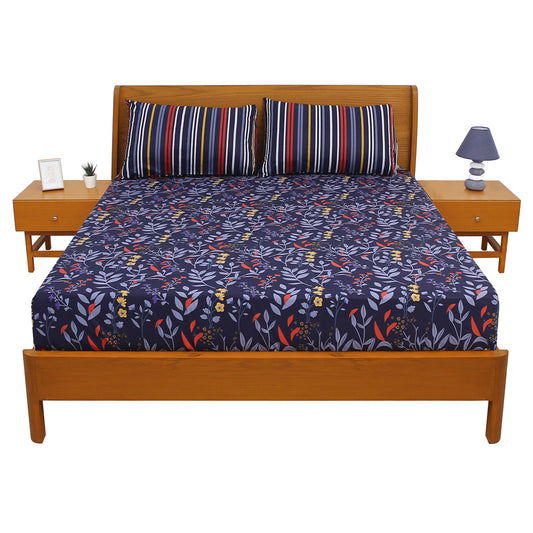 Blue Leaf Double Bed Sheet 92x98" SB – Floral Printed - Habitt