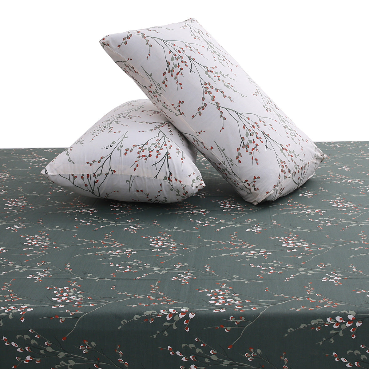 Green Floral Double Bed Sheet 90x100" – Elegant Botanical Print - Habitt