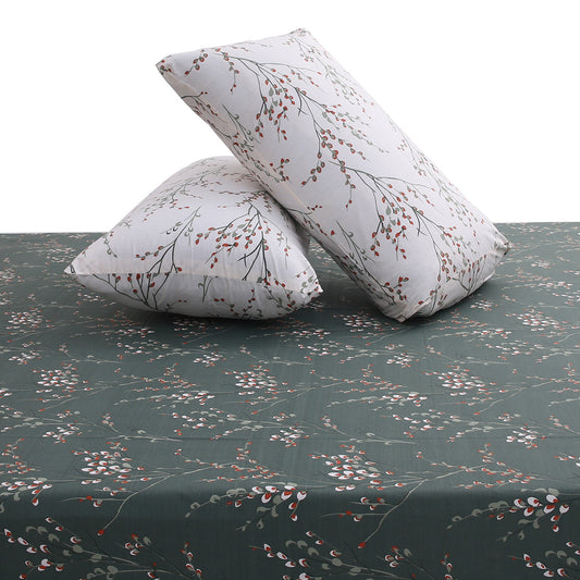 Green Floral Double Bed Sheet 90x100" – Elegant Botanical Print - Habitt
