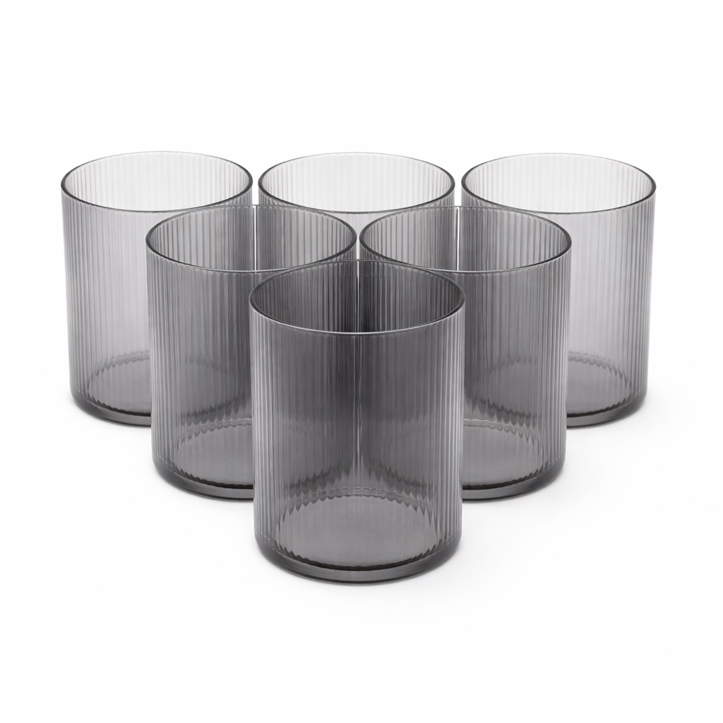 6Pcs Tumbler Set – 350ml Ribbed Smoke Grey Drinking Glasses - Habitt