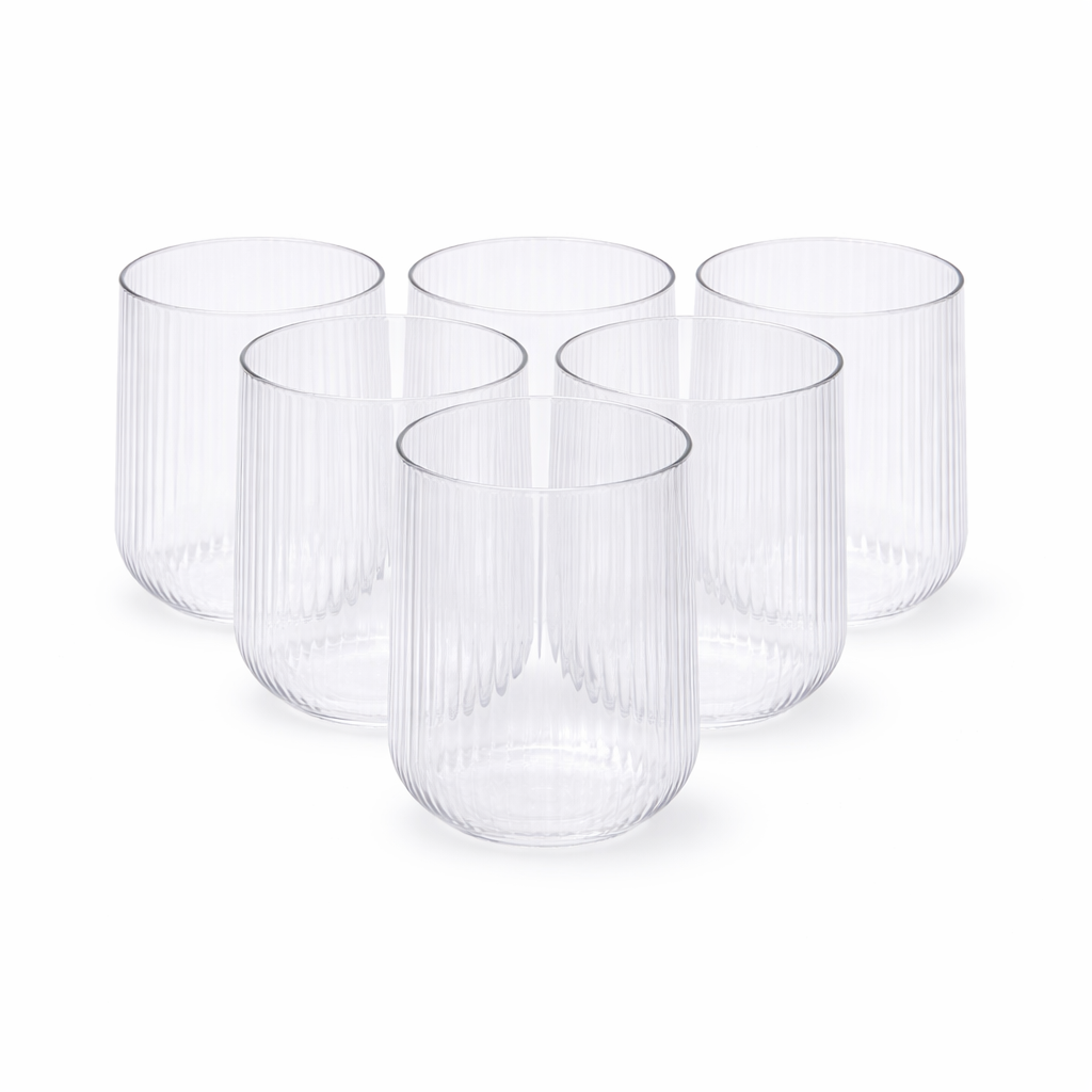 6Pcs Tumbler Set – 440ml Ribbed Clear Drinking Glasses - Habitt